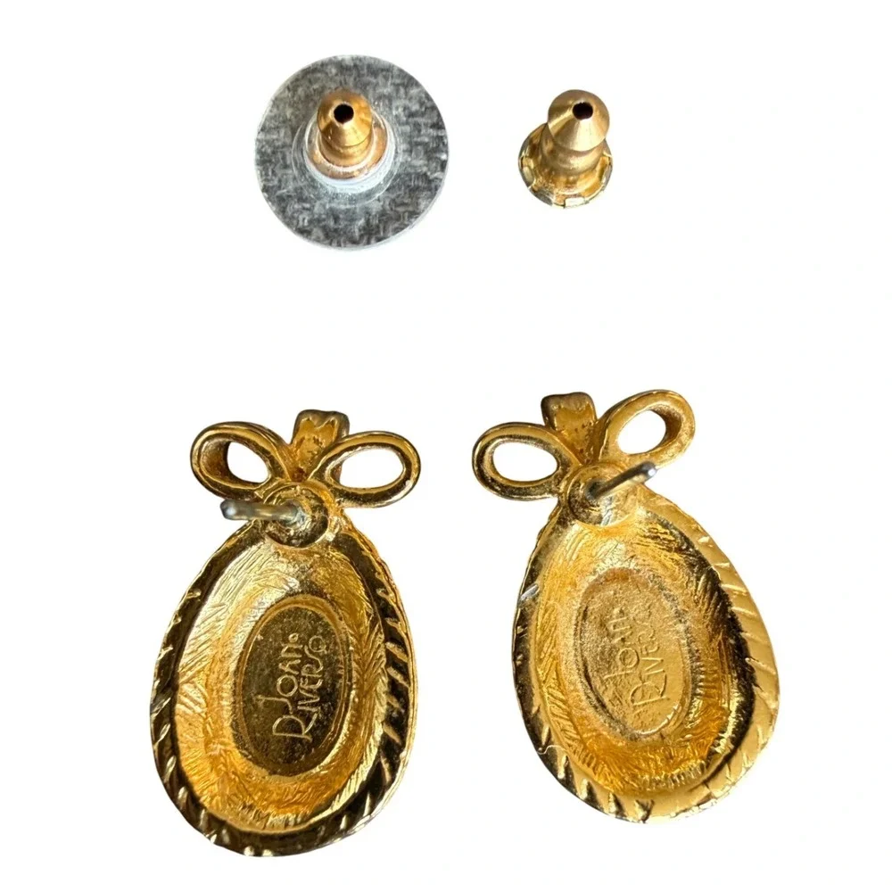 Joan Rivers Signed Vintage Gold Tone Faberge‎ Egg Bow Earrings